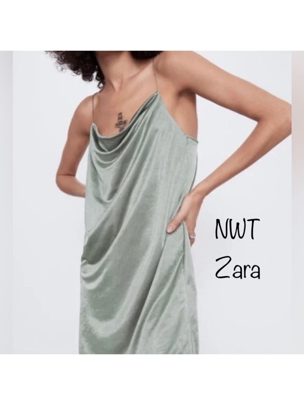🔥NWT🔥 Zara New with Tags Satin Effect Strappy Sage Green Dress, Size Medium
